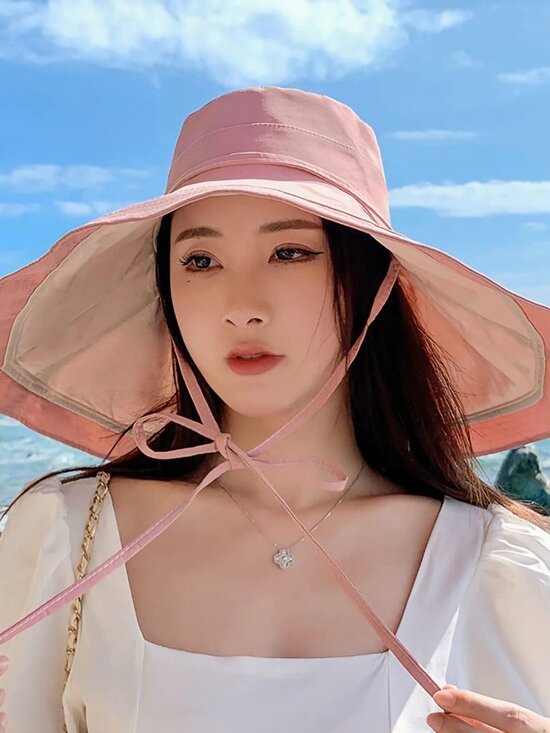 Women Wide Brim Summer Sun Hat Wired Edge Beach Bucket Fishing Hats Pink Beige